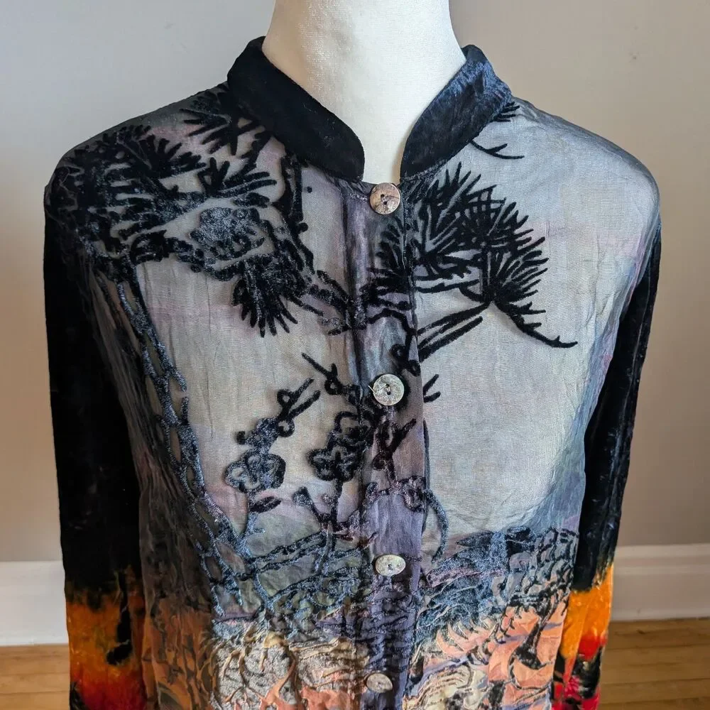 Vintage Y2K Citron Velvet Burnout Top Button Front Tie Dye Whimsygoth Size XL